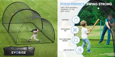 Heavy-duty batting cage (22x12x9ft) with pitching machine access.
